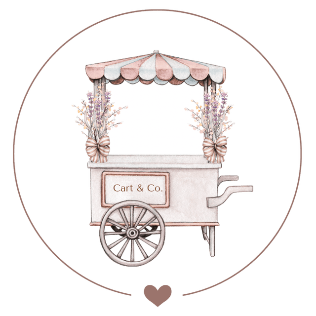 Cart & Co. styled dessert cart with floral arrangements and a scalloped canopy